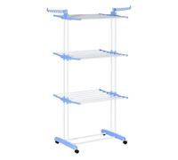 Homcom tendedero plegable para ropa con ruedas tendedero vertical de acero tipo torre de 3 niveles con alas plegables y colgadores giratorios carga 70 kg 73x64x172 cm azul y blanco