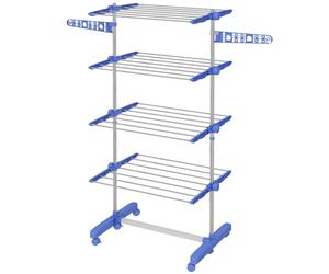 HOMCOM Tendedero Vertical Plegable Tendedero de Ropa 6 Ruedas Azul | 2 Laterales Abatibles, Estantes Ajustables, Marco de Acero Inoxidable, para Interior y Exterior