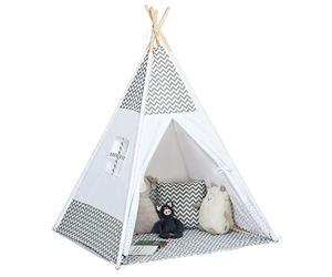 HOMCOM Tipi Indio Tienda de Juego 1.2L x 1.2W x 1.55H m Gris Blanco | Estilo gráfico para niños, puerta recierre, ventana, alfombra, cojín, bolsa de transporte incluida, interior/exterior.