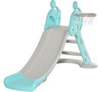HOMCOM Tobogán para Niños +18 Meses Plegable 2 en 1 con Canasta de Baloncesto Modelo Jirafa Juguete Infantil para Interiores y Exteriores 147x82x85,5 cm Azul y Gris