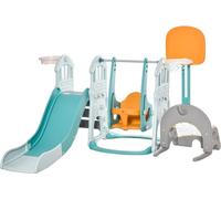 HOMCOM 5 en 1 Tobogán y Columpio para Niños +18 Meses con 2 Canastas de Baloncesto Portería Fútbol con Asiento Ajustable Parque Infantil Interior y Exterior 210x186x133 cm Multicolor