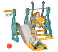HOMCOM tobogán y columpio para niños 4 en 1, parque infantil para niños pequeños con aro de baloncesto, tobogán, columpio, asiento