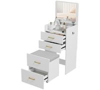 HOMCOM Tocador 3 en 1 con espejo abatible y taburete rodante, escritorio moderno con mesa de vidrio visible, cajones y gancho lateral, mesa de maquillaje con taburete de almacenamiento acolchado para