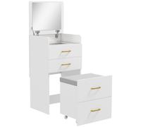 HOMCOM Tocador 3 en 1 con Espejo Mesita de Noche Taburete con Ruedas Cajones Blanco Aosom España