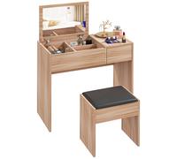 HOMCOM Tocador Compacto con Espejo Abatible y Cajones y Taburete Estilo Minimalista Escritorio Pequeño 80x40x79cm Madera Natural Aosom España