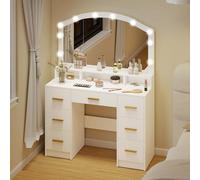 HOMCOM Tocador con 10 Luces LED de 3 Colores con Espejo 7 Cajones Blanco