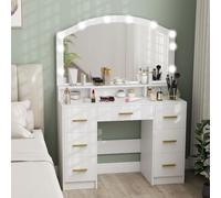 HOMCOM Tocador con 10 Luces LED de 3 Colores con Espejo 7 Cajones Blanco | Tocador de Maquillaje, Mesa de Maquillaje, 3 Compartimentos, Moderno, para Dormitorio, Salón