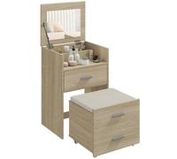 HOMCOM Tocador con Espejo abatible, Taburete Plegable con Ruedas, tocador con Taburete, cajones, cojín Desmontable y Lavable con Efecto Lino, Compartimentos, Ahorro de Espacio, Natural.