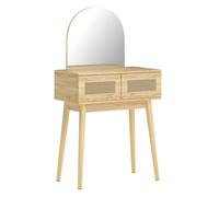 HOMCOM Tocador con Espejo Arqueado, Mesa de Maquillaje Moderna con 2 Cajones con Frontal de Ratán, Tocador de Maquillaje para Dormitorio, Espacios Pequeños, Natural