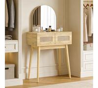 HOMCOM Tocador con Espejo Arqueado, Mesa de Maquillaje Moderna con 2 Cajones con Frontal de Ratán, Tocador de Maquillaje para Dormitorio, Espacios Pequeños, Natural Madera Natural