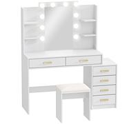 HOMCOM Tocador con espejo iluminado y taburete acolchado, set de maquillaje con 6 cajones y estantes, Blanco Aosom España