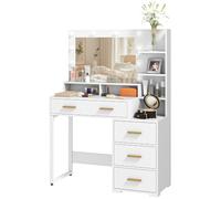 HOMCOM Tocador con Espejo y 9 Luces LED 100x40x138cm Blanco | Tocador moderno, 4 cajones, 6 compartimentos abiertos para dormitorio y salón