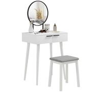 HOMCOM Tocador con Espejo y Taburete, Set de Tocador de Maquillaje con 2 Cajones, Taburete Acolchado y Organizador de Maquillaje para Dormitorio y Vestidor, 60 x 40 x 123 cm, Blanco