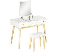 HOMCOM Tocador con espejo y taburete, tocador con 2 cajones y espejo abatible, cojín tapizado, escritorio tocador, 100 x 45 x 118 cm, blanco