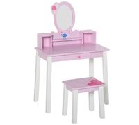 HOMCOM Tocador Infantil con Taburete y Espejo tipo Princesa Mesita de Maquillaje de Madera Rosa Juguete para Niñas 60x34x93 cm