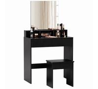HOMCOM Tocador con Taburete, Mesa de Maquillaje Moderna con Espejo, 3 Compartimentos Abiertos y 2 Cajones, 75 x 38 x 135 cm, Negro