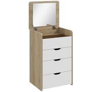 HOMCOM Tocador de Maquillaje 3 en 1 con Taburete Oculto y Espejo Abatible Mesa de Maquillaje de Vidrio Visible Roble y Blanco