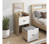 HOMCOM Tocador de Maquillaje 3 en 1 con Taburete Oculto y Espejo Abatible, Mesa de Maquillaje de Vidrio Visible con 3 Cajones y Taburete Acolchado, para Espacios Reducidos, Vestidor, Roble y Blanco