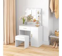 HOMCOM Tocador de Maquillaje con Espejo LED Taburete y Cajones Blanco | Mesa de Maquillaje, Estante Adjustable, Estantes Abiertos, para Dormitorio o Sala de Estar