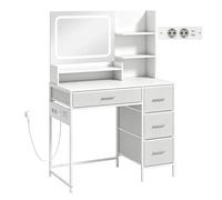 HOMCOM Tocador de Maquillaje con Espejo LED con Estación de Carga Blanco | Tocador, 3 Colores de Luz, 4 Cajones, 5 Estantes Abiertos, Soporte para Secador, Estructura Metálica, para Dormitorio