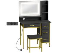 HOMCOM Tocador de Maquillaje con Espejo Luces LED Estación de Carga Taburete Estación de Carga 4 Cajones Negro