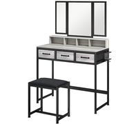 HOMCOM Tocador de Maquillaje con Espejo Tríptico Desmontable Taburete 3 Cajones de Tela Soporte para Secador de Pelo Gris