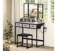 HOMCOM Tocador de Maquillaje con Espejo Tríptico Desmontable, Tocador con Taburete, 3 Cajones de Tela, Estantes, Soporte para Secador de Pelo, Cesta Metálica, para Dormitorio, Vestidor, Gris