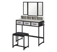 Homcom tocador de maquillaje con espejo tríptico desmontable, tocador con taburete, 3 cajones de tela, estantes, soporte para secador de pelo, cesta metálica, para dormitorio, vestidor, gris 40 cm