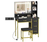 HOMCOM Tocador de Maquillaje con Espejo y Luces LED, 3 Colores de Luz, Estación de Carga, Tocador con Taburete, 4 Cajones de Tela y Estantes, para Dormitorio, Negro