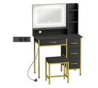 Homcom tocador de maquillaje con espejo y luces led, estación de carga, tocador con taburete, 3 colores de luz, estación de carga, 4 cajones de tela, estantes, para dormitorio, negro