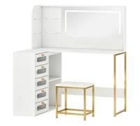 HOMCOM Tocador de Maquillaje con Espejo LED Regulables Taburete Blanco | Taburete Acolchado, 2 Colores de Luz, 5 Cajones, 2 Compartimentos Abiertos, 2 Estantes de Cristal, para Dormitorio