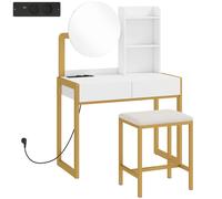 HOMCOM Tocador de Maquillaje con Espejo y Taburete Acolchado Estación de Carga 2 Cajones 3 Estantes para Dormitorio Blanco