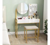 HOMCOM Tocador de Maquillaje con Espejo y Taburete Acolchado, Tocador con Estación de Carga, 2 Cajones, 3 Estantes Abiertos, Puerto USB, Estructura Metálica, para Dormitorio, Blanco