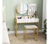HOMCOM Tocador de Maquillaje con Espejo y Taburete Acolchado USB Blanco | Tocador con Estación de Carga, 2 Cajones, 3 Estantes Abiertos, Puerto USB, Estructura Metálica, para Dormitorio