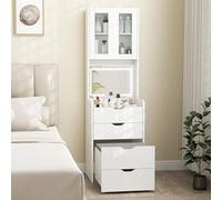 HOMCOM Tocador de Maquillaje con Luces LED de 3 Colores, Espejo Abatible y Taburete Acolchado, Mesa de Maquillaje de Vidrio Visible con 3 Cajones y Estantes, para Espacios Reducidos, Vestidor, Blanco