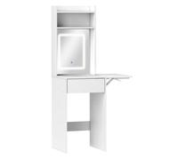 HOMCOM Tocador de Maquillaje con Luces LED de Color Ajustable en 3 Tonos y Espejo Tocador Pequeño con Lateral Abatible Cajón Compartimentos Abiertos para Espacios Pequeños Blanco
