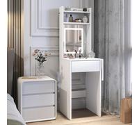 HOMCOM Tocador de Maquillaje con Luces LED de Color Ajustable en 3 Tonos y Espejo Tocador Pequeño con Lateral Abatible Cajón Compartimentos Abiertos para Espacios Pequeños Blanco