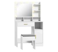 HOMCOM Tocador de Maquillaje con Luces LED y Taburete Tocador con Espejo 2 Colores 10 Bombillas Cajón Estantes Compartimentos Abiertos para Dormitorio Vestidor Blanco