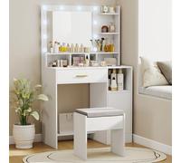 HOMCOM Tocador de Maquillaje con Luces LED y Taburete Tocador con Espejo 3 Colores 10 Bombillas Cajón Estantes Compartimentos Abiertos para Dormitorio Vestidor Blanco