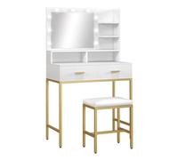 HOMCOM Tocador de Maquillaje con Luz y Taburete Mesa de Maquillaje con 2 Cajones y Estantes de Almacenamiento Estilo Moderno Tocador para Dormitorio Blanco