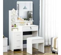 HOMCOM Tocador de Maquillaje con Taburete Espejo 4 Cajones 80x38x143 cm Blanco White