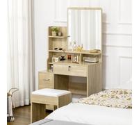 HOMCOM Tocador de Maquillaje con Taburete con Espejo 80x38x143 cm Natural | Tocador, 4 Cajones, Estantes, Compartimentos Abiertos, Estilo Moderno, Dormitorio, Vestidor
