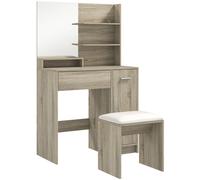 HOMCOM Tocador de Maquillaje con Taburete Espejo Estantes Abiertos Cajón y Estante Ajustable Anti-vuelco Natural y Beige