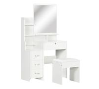 HOMCOM Tocador de Maquillaje con Taburete, Tocador con Espejo, 4 Cajones, Estantes, Compartimentos Abiertos, Estilo Moderno, para Dormitorio, Vestidor, 80x38x143 cm, Blanco