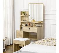 HOMCOM Tocador de Maquillaje con Taburete, Tocador con Espejo, 4 Cajones, Estantes, Compartimentos Abiertos, Estilo Moderno, para Dormitorio, Vestidor, 80x38x143 cm, Natural