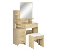 Homcom tocador de maquillaje con taburete, tocador con espejo, 4 cajones, estantes, compartimentos abiertos, estilo moderno, para dormitorio, vestidor, 80x38x143 cm, natural