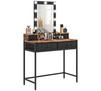 HOMCOM - Tocador de mesa de maquillaje estilo industrial - Espejo LED ajustable integrado - Pie de metal negro - 4 cajones de tela - dim. 90 x 40 x 148 cm. Aspecto madera oscura
