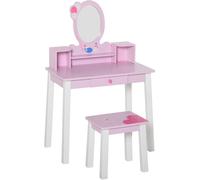 HOMCOM Tocador Infantil con Taburete y Espejo tipo Princesa Mesita de Maquillaje de Madera Rosa Juguete para Niñas 60x34x93 cm