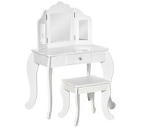 HOMCOM Tocador Infantil con Taburete, Espejo tríptico y cajón deslizante - Tocador dim. 63L x 40A x 85.5Al cm - Blanco Acrílico