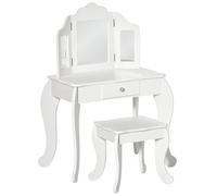 HOMCOM - Tocador infantil con taburete, tocador de escritorio 2 en 1 espejo tríptico y cajón deslizante - tocador de color blanco. 63 x 40 x 85,5 cm, blanco acrílico